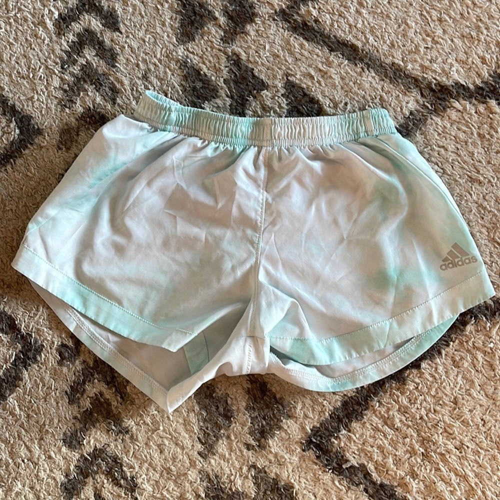 Teal/white tie die shorts, worn a bit but no stains or tears